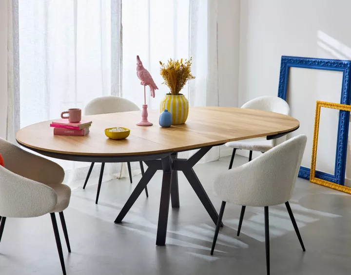 Table à manger ronde extensible en bois et noir 4 à 8 personnes Pampa