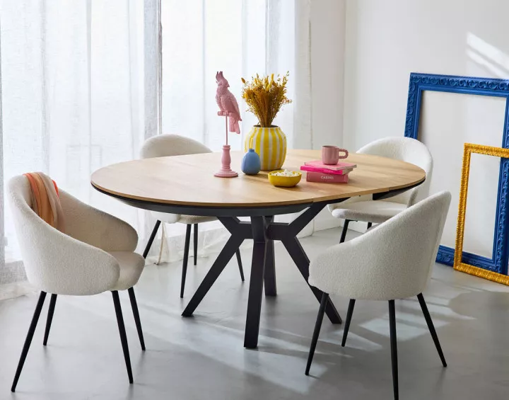 Table à manger ronde extensible en bois et noir 4 à 8 personnes Pampa