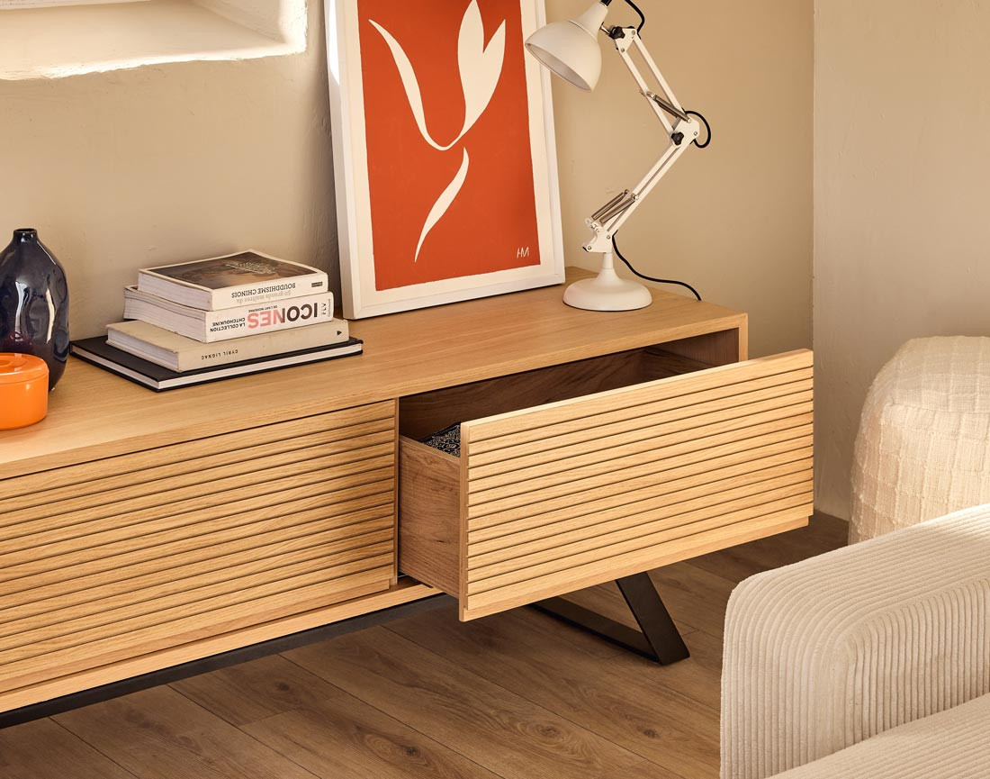 Meuble TV bois et noir 3 tiroirs 200 cm Zapallar