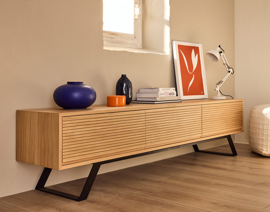 Meuble TV bois et noir 3 tiroirs 200 cm Zapallar