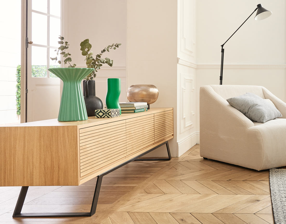 Meuble TV bois et noir 3 tiroirs 200 cm Zapallar