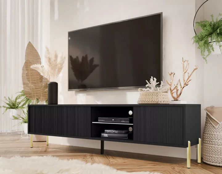 Meuble TV 3 portes et 2 niches noir et pieds dorés 175 cm Velloso