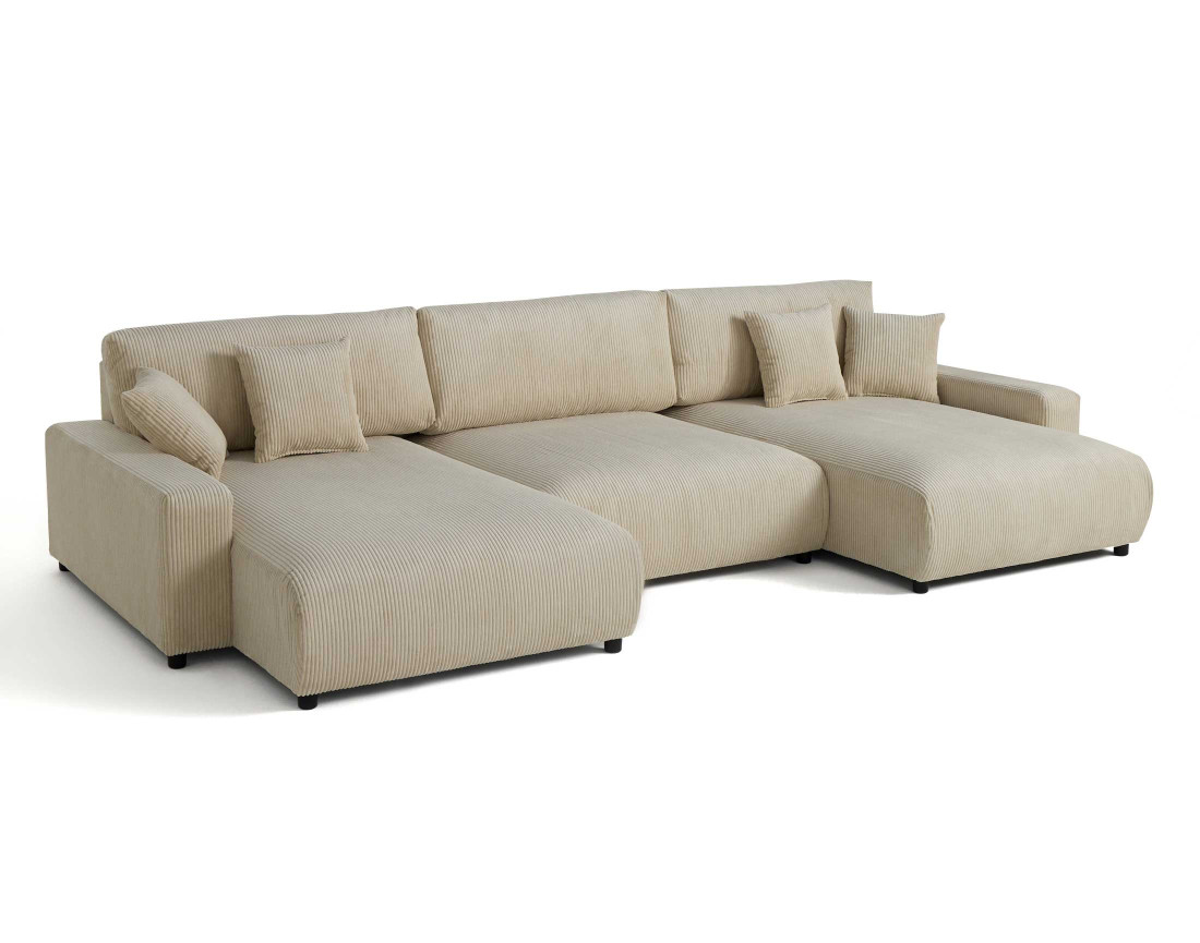 Canapé panoramique en U 7 places convertible avec coffre en velours côtelé Pivoine Canapé panoramique en U 7 places convertible avec coffre en velours côtelé Pivoine