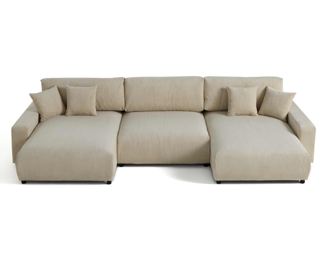 Canapé panoramique en U 7 places convertible avec coffre en velours côtelé Pivoine Canapé panoramique en U 7 places convertible avec coffre en velours côtelé Pivoine