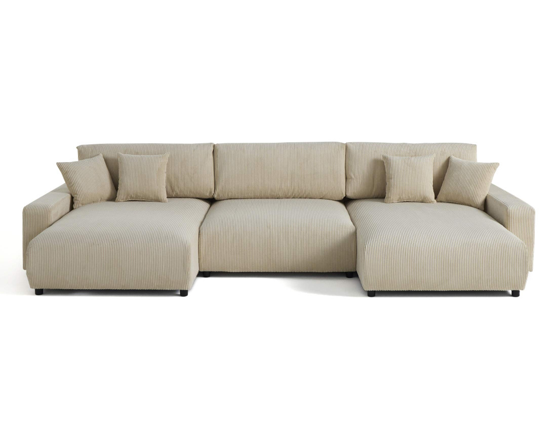 Canapé panoramique en U 7 places convertible avec coffre en velours côtelé Pivoine Canapé panoramique en U 7 places convertible avec coffre en velours côtelé Pivoine