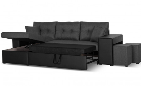 California - Canapé d'angle réversible - convertible avec coffre et étagère de rangement - en simili et tissu California - Canapé d'angle réversible - convertible avec coffre et étagère de rangement - en simili et tissu