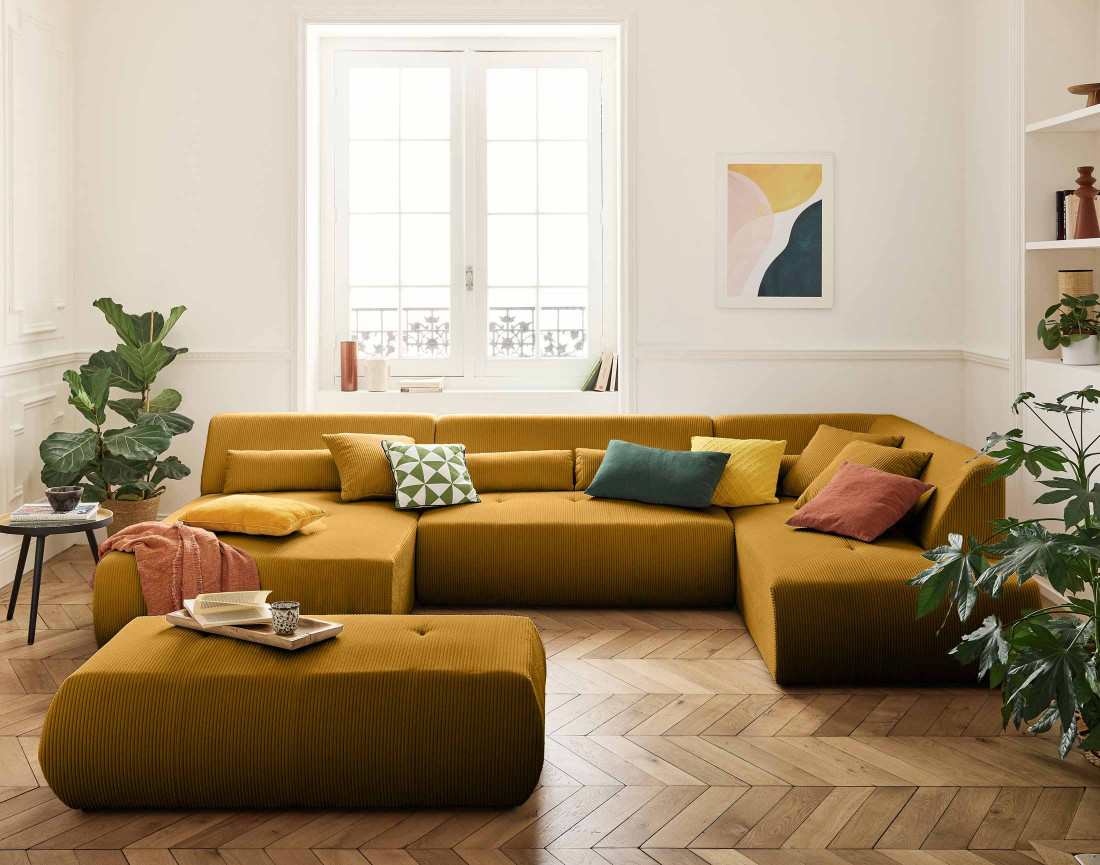 Canapé panoramique d'angle droit 7 places en velours côtelé Onyx