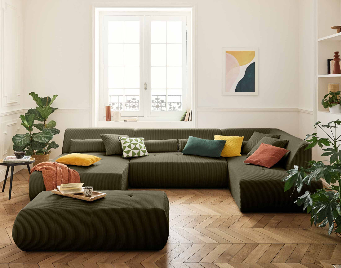 Canapé panoramique d'angle droit 7 places en velours côtelé Onyx