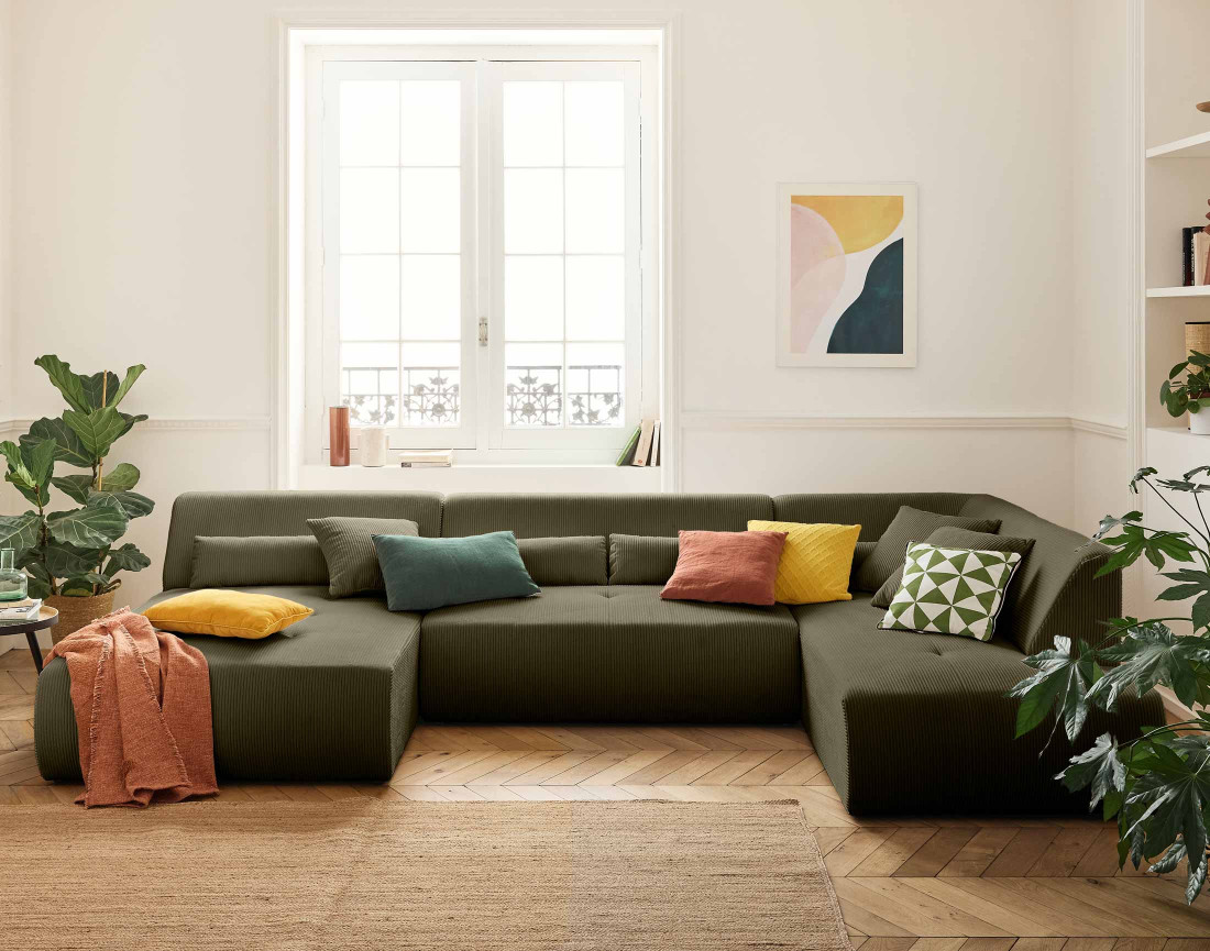 Canapé panoramique d'angle droit 7 places en velours côtelé Onyx