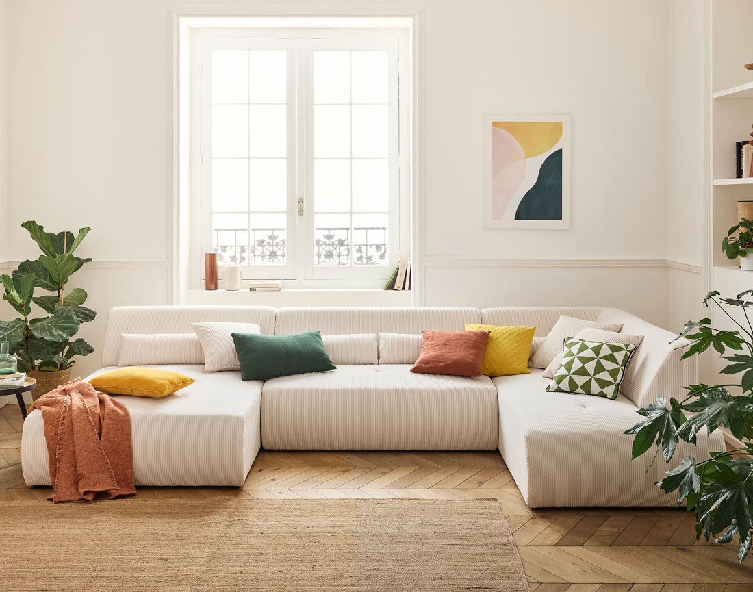 Canapé panoramique d'angle droit 7 places en velours côtelé Onyx Canapé panoramique d'angle droit 7 places en velours côtelé Onyx