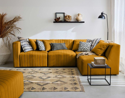 Canapé modulable d'angle droit 5 places avec pouf d'appoint en velours Nova