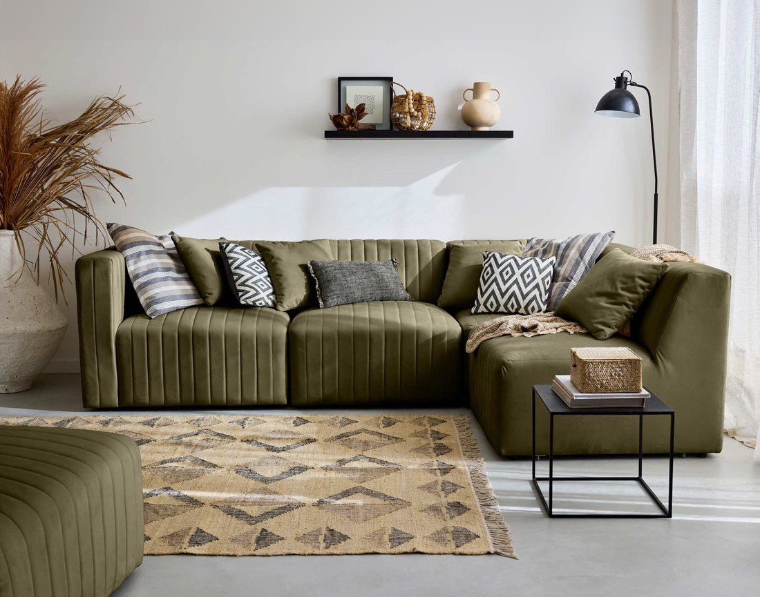 Canapé modulable d'angle droit 5 places avec pouf d'appoint en velours Nova