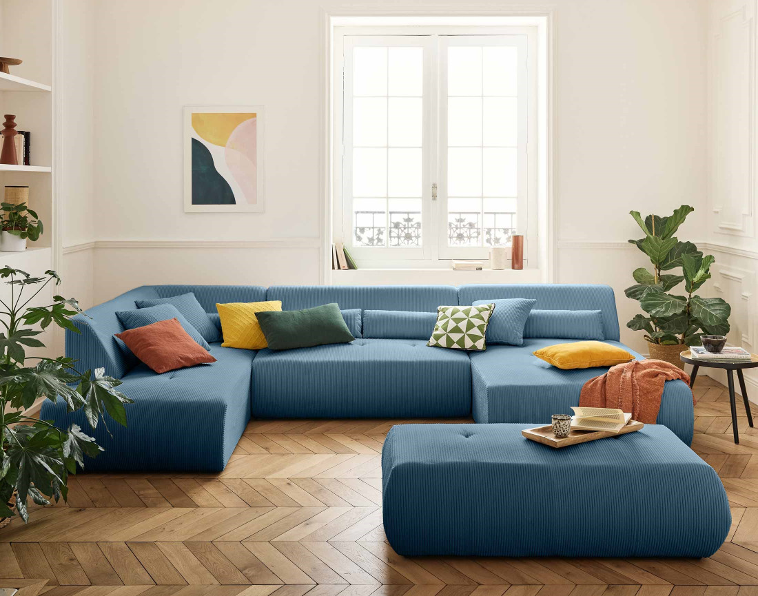 Canapé panoramique d'angle gauche 7 places en velours côtelé Onyx