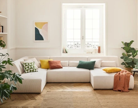 Canapé panoramique d'angle gauche 7 places en velours côtelé Onyx