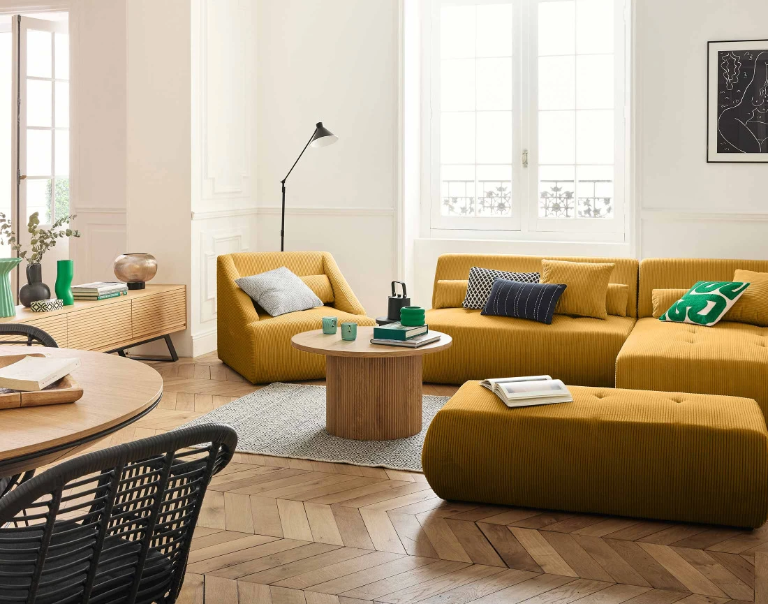 Canapé modulable d'angle droit 5 places en velours côtelé Onyx