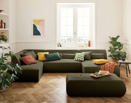 Canapé modulable d'angle gauche 7 places en velours côtelé Onyx