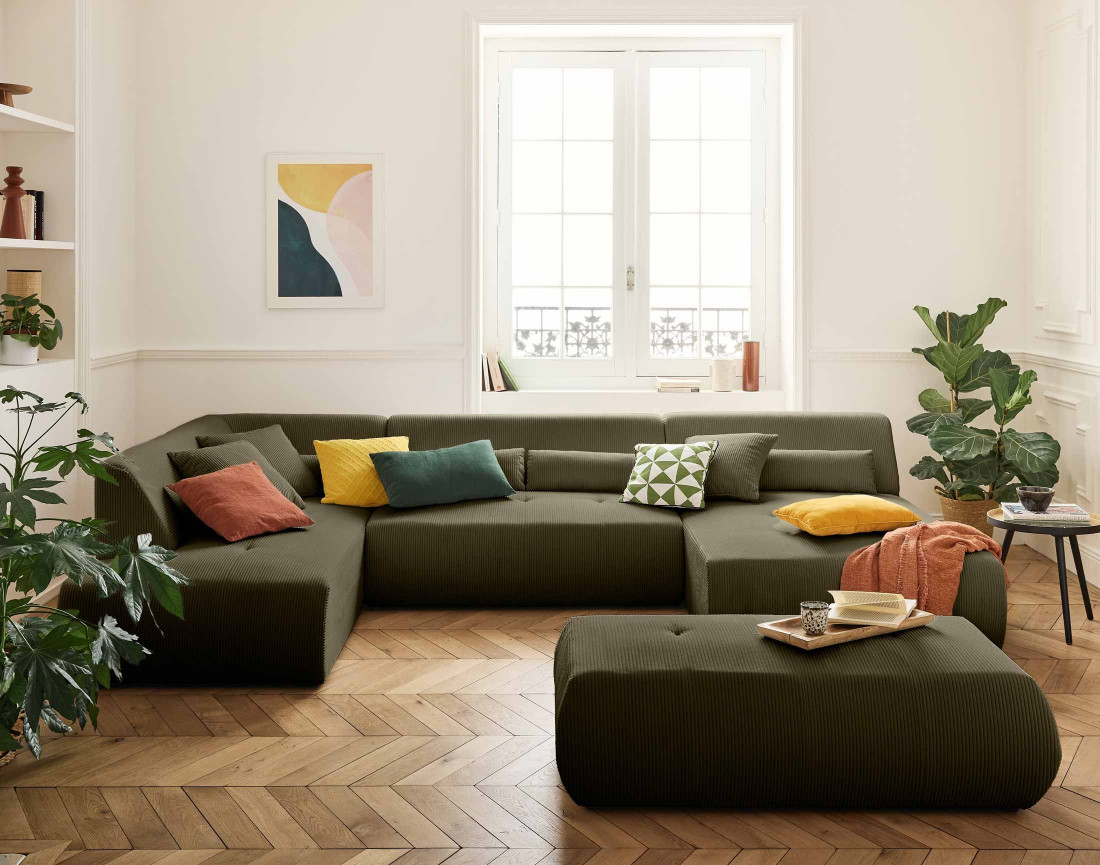 Canapé modulable d'angle gauche 7 places en velours côtelé Onyx