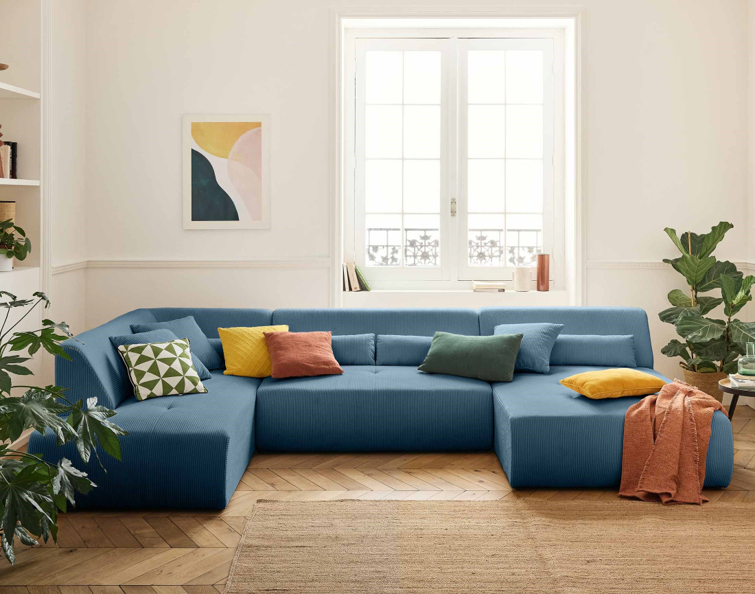 Canapé modulable d'angle gauche 7 places en velours côtelé Onyx