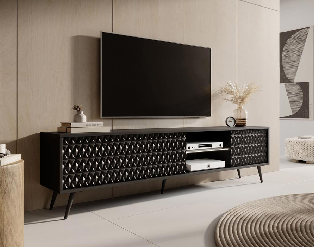 Meuble TV 3 portes et 2 niches noir 175 cm Wairoa