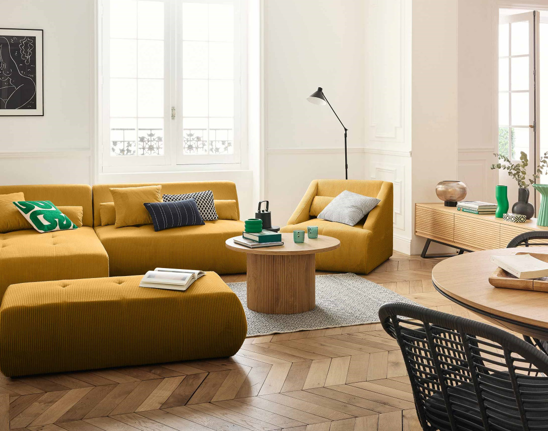 Canapé modulable d'angle gauche 5 places en velours côtelé Onyx