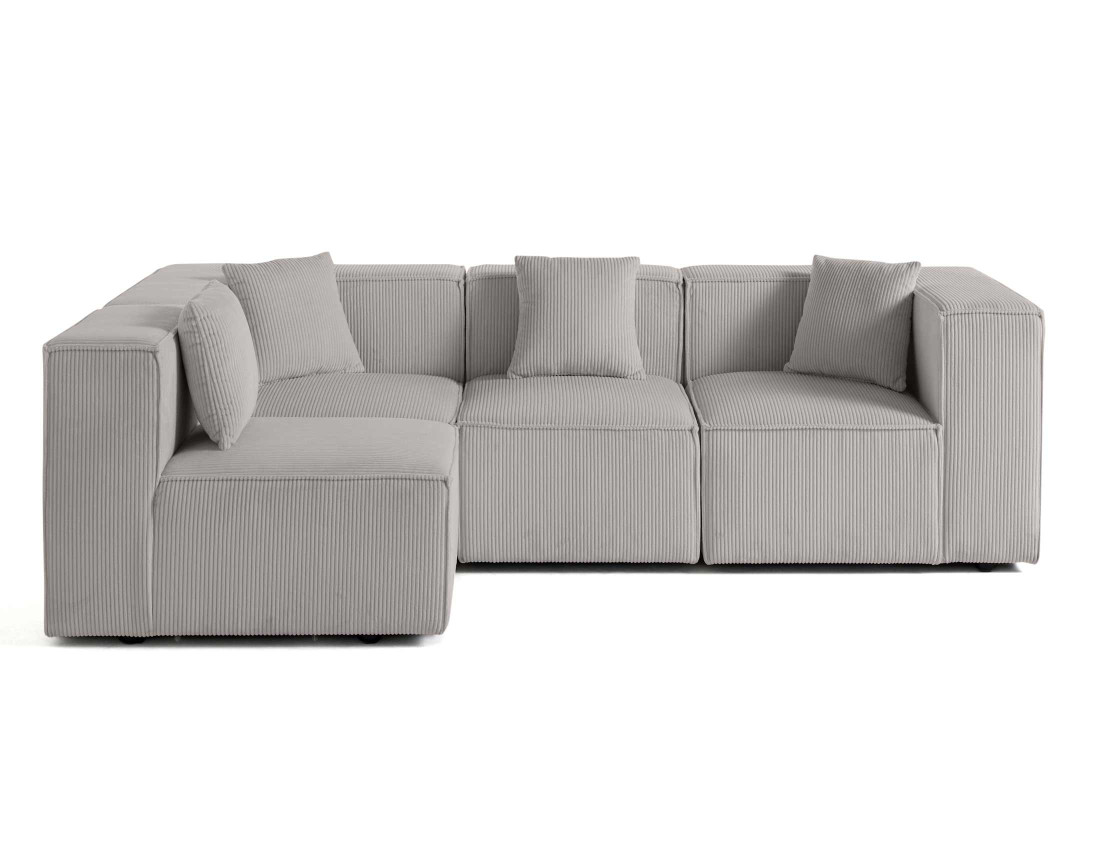 Canapé D'angle 5 Places En Velours Côtelé - Modulable, 9 Coussins - Gris - 202x202x74 Cm - Pour Salon, Bureau