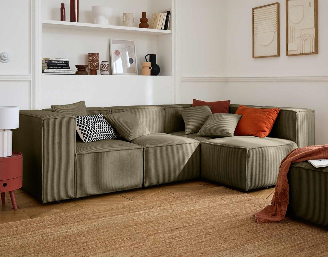 Canapé modulable d'angle droit 4 places en velours côtelé Arty