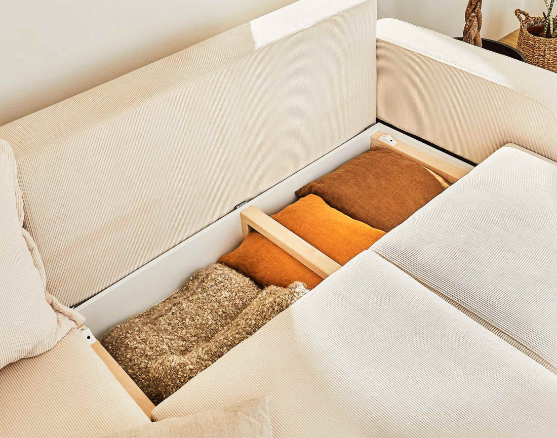 Canapé d'angle gauche 4 places convertible avec coffre en velours côtelé Albane Canapé d'angle gauche 4 places convertible avec coffre en velours côtelé Albane