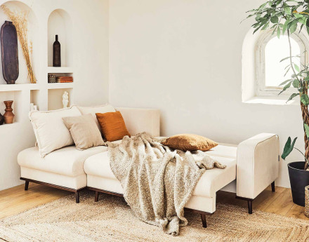 Canapé d'angle gauche 4 places convertible avec coffre en velours côtelé Albane