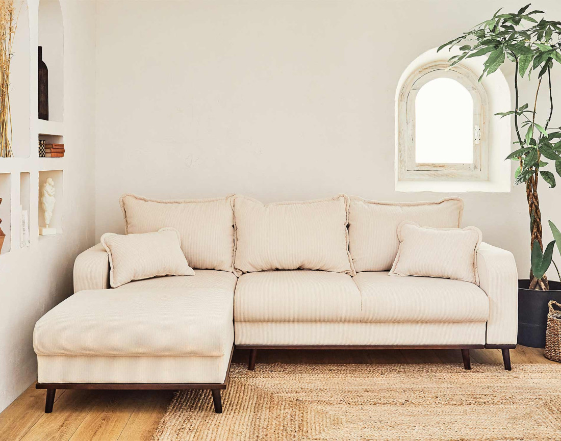 Canapé d'angle gauche 4 places convertible avec coffre en velours côtelé Albane Canapé d'angle gauche 4 places convertible avec coffre en velours côtelé Albane