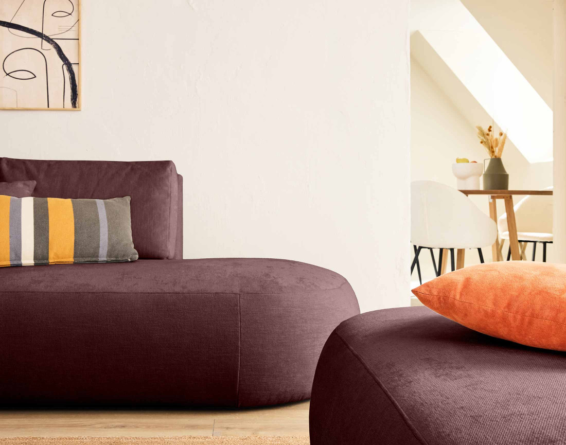 Canapé modulable d'angle gauche 4 places avec pouf en tissu texturé Santorini