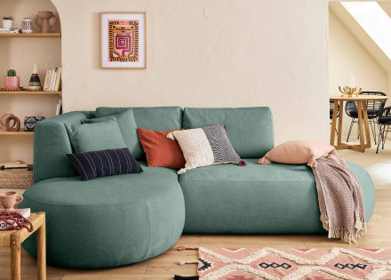 Canapé modulable d'angle gauche 4 places avec pouf en tissu texturé Santorini