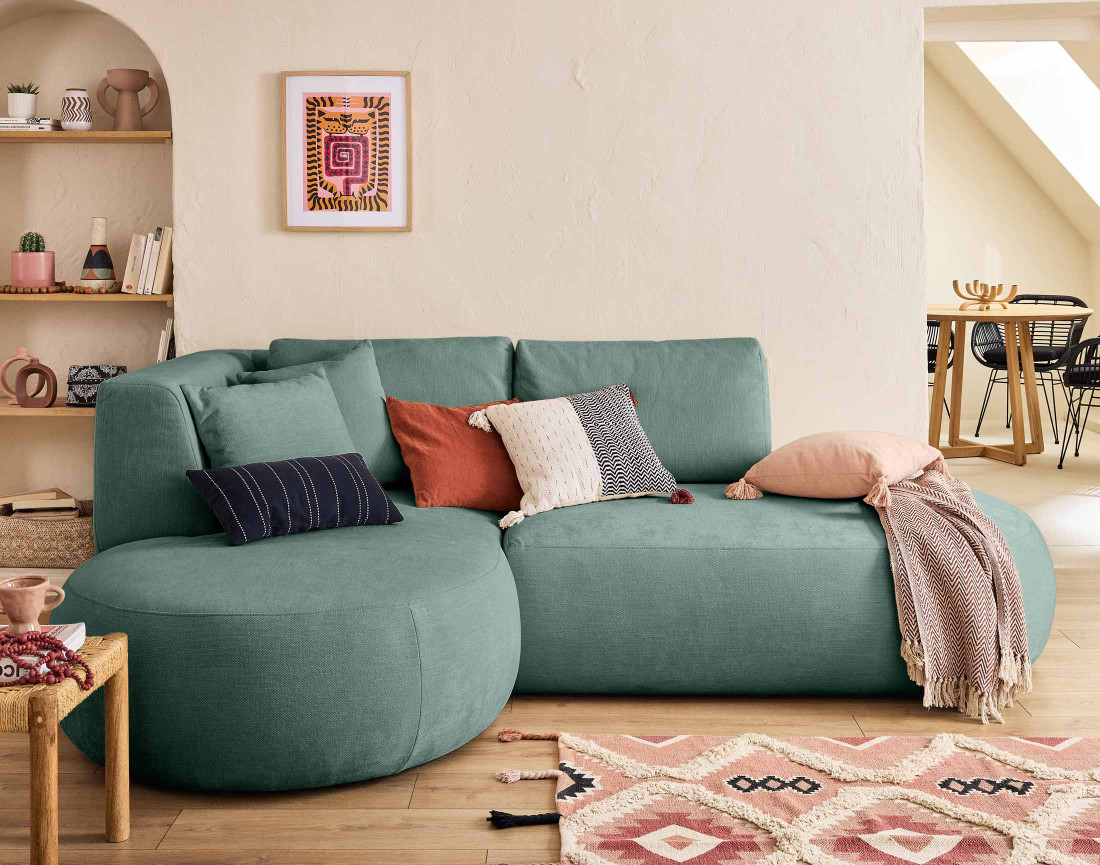 Canapé modulable d'angle gauche 4 places avec pouf en tissu texturé Santorini