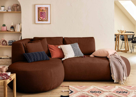 Canapé modulable d'angle gauche 4 places avec pouf en tissu texturé Santorini