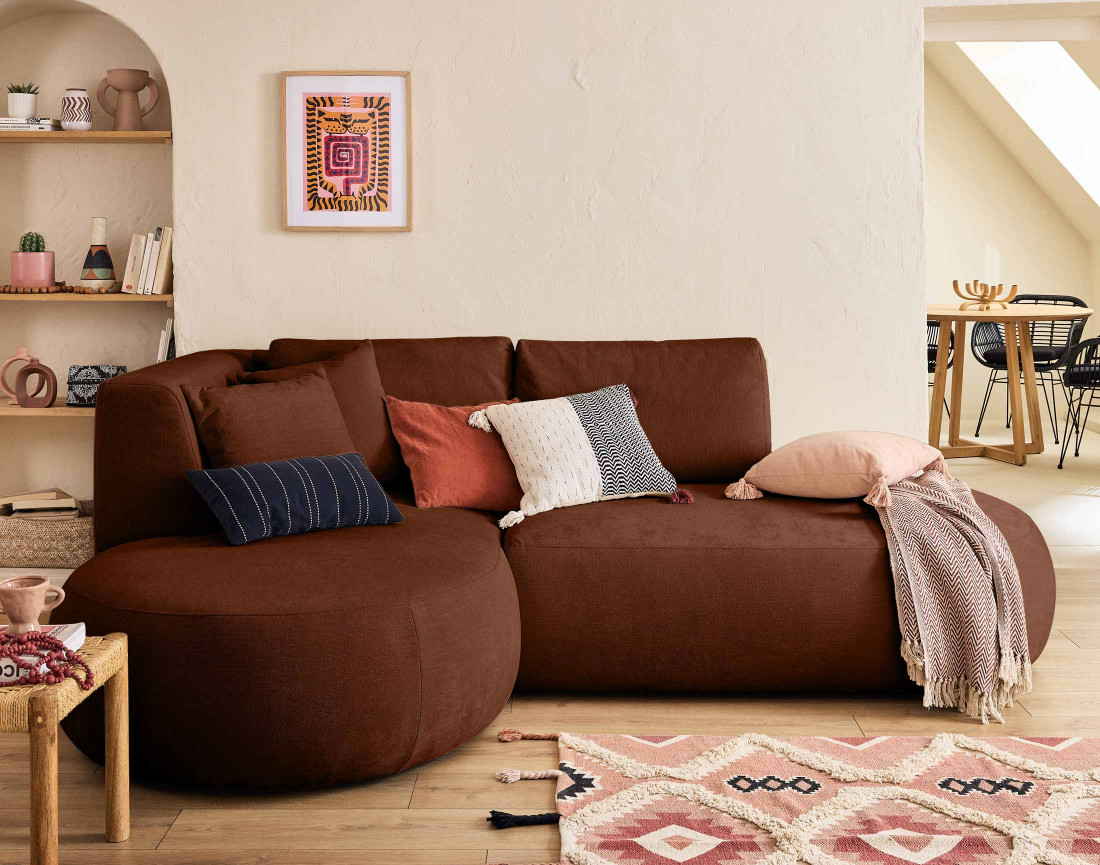 Canapé modulable d'angle gauche 4 places avec pouf en tissu texturé Santorini