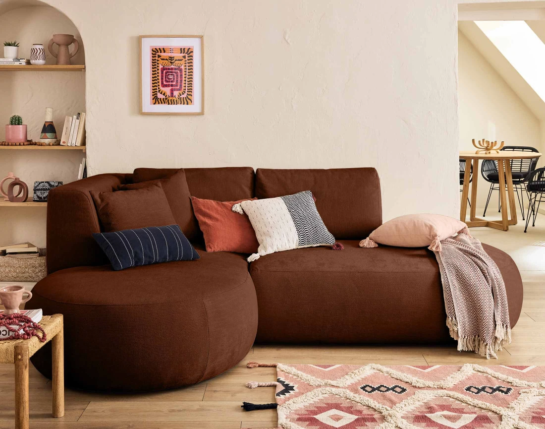 Canapé modulable d'angle gauche 4 places avec pouf en tissu texturé Santorini