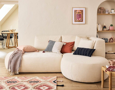 Canapé modulable d'angle droit avec pouf 4 places en tissu texturé Santorini
