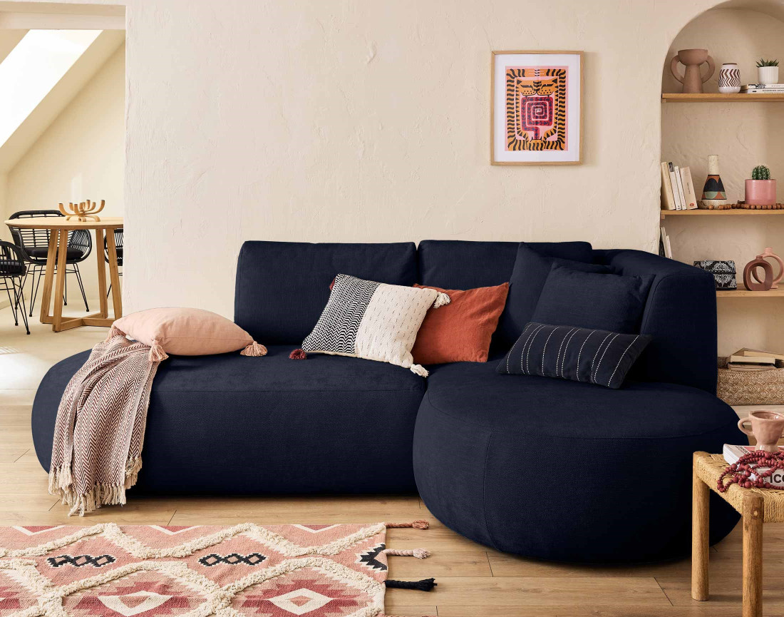 Canapé modulable d'angle droit avec pouf 4 places en tissu texturé Santorini