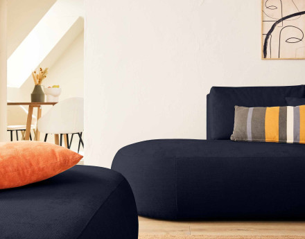 Canapé modulable d'angle droit avec pouf 4 places en tissu texturé Santorini