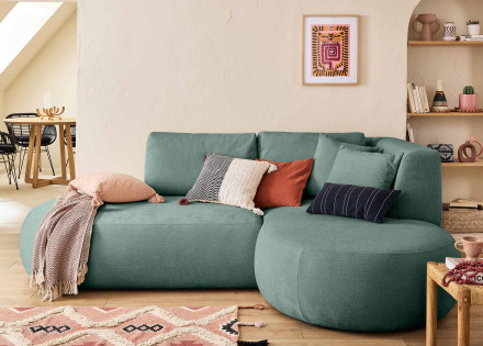 Canapé modulable d'angle droit avec pouf 4 places en tissu texturé Santorini