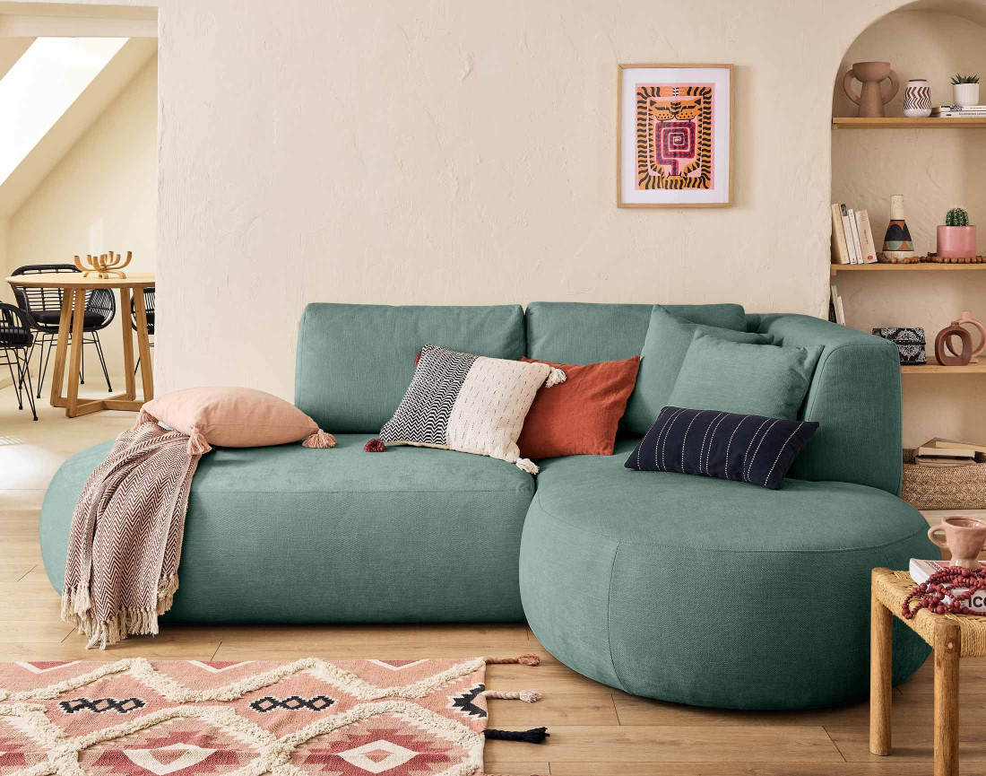 Canapé modulable d'angle droit avec pouf 4 places en tissu texturé Santorini