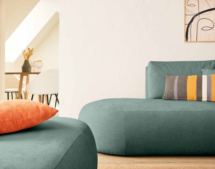 Canapé modulable d'angle droit avec pouf 4 places en tissu texturé Santorini