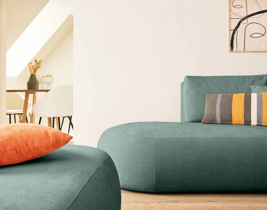 Canapé modulable d'angle droit avec pouf 4 places en tissu texturé Santorini