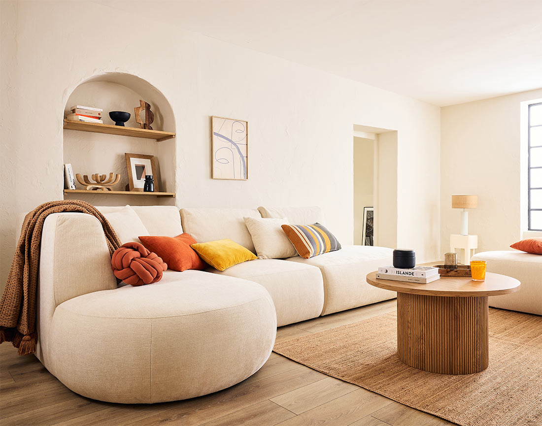 Canapé modulable d'angle gauche 5 places en tissu texturé Santorini Canapé modulable d'angle gauche 5 places en tissu texturé Santorini