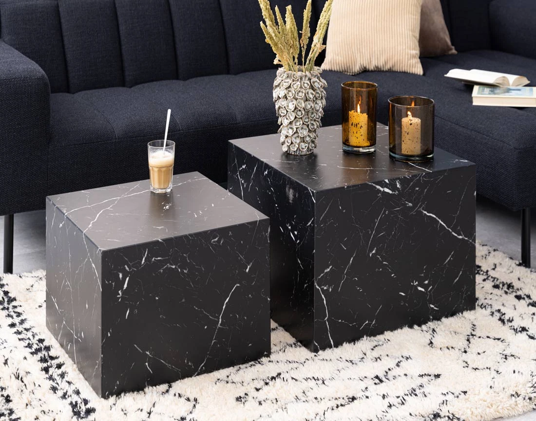 Lot de 2 tables basses effet marbre noir 58 et 50 cm Pueblo