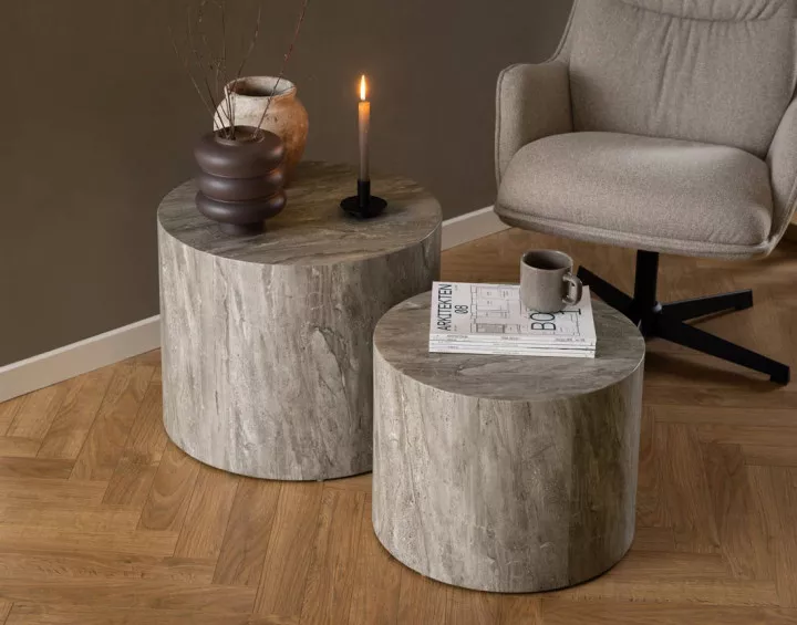 Lot de 2 tables basses rondes effet marbre gris 58 et 50 cm Pueblo