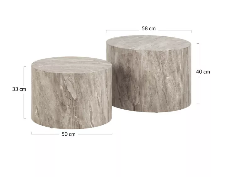 Lot de 2 tables basses rondes effet marbre gris 58 et 50 cm Pueblo