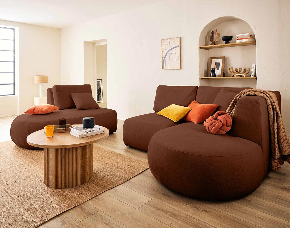 Canapé modulable d'angle droit 5 places en tissu texturé Santorini