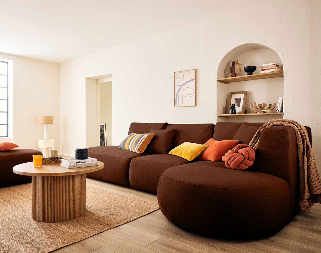 Canapé modulable d'angle droit 5 places en tissu texturé Santorini