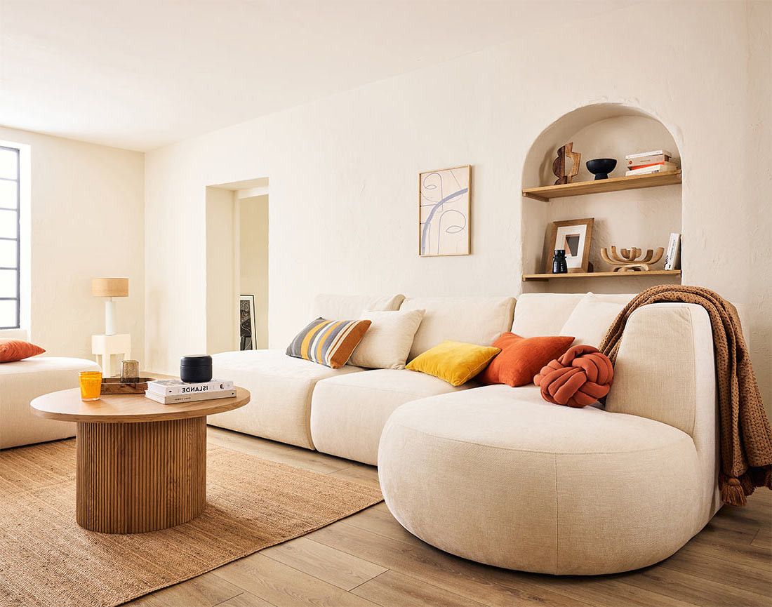 Canapé modulable d'angle droit avec pouf 5 places en tissu texturé Santorini Canapé modulable d'angle droit avec pouf 5 places en tissu texturé Santorini