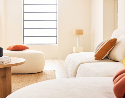 Canapé modulable d'angle droit avec pouf 5 places en tissu texturé Santorini